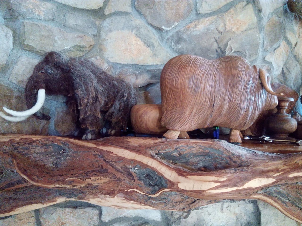 Mantle decorations - mini mammoth and yak.