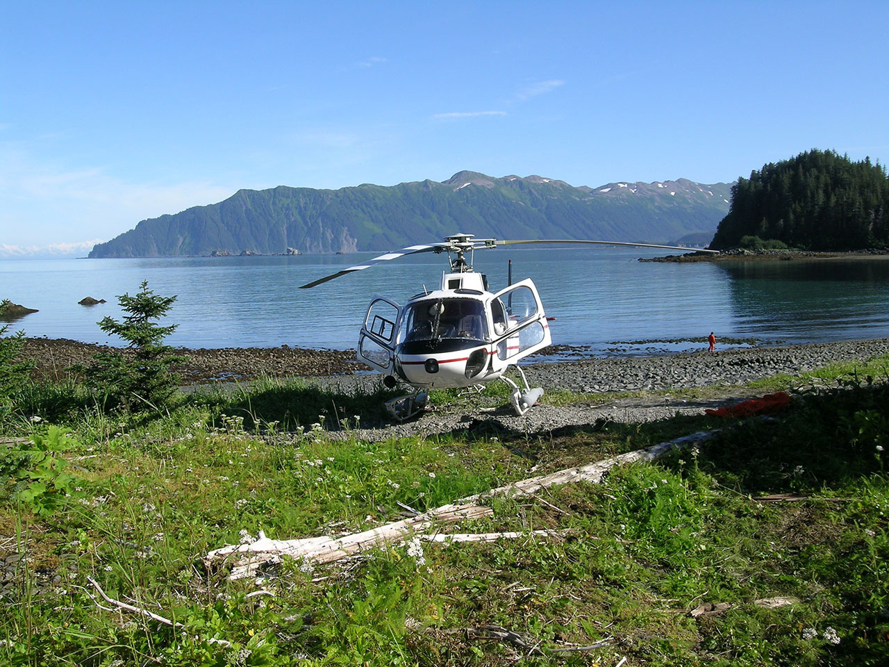 Helicopter on a shore.
