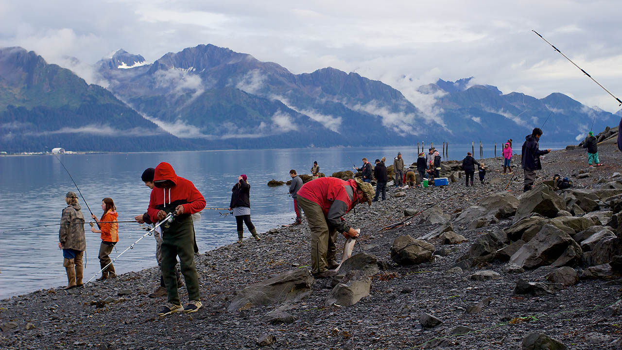 Large group salmon fishing on the shore.
